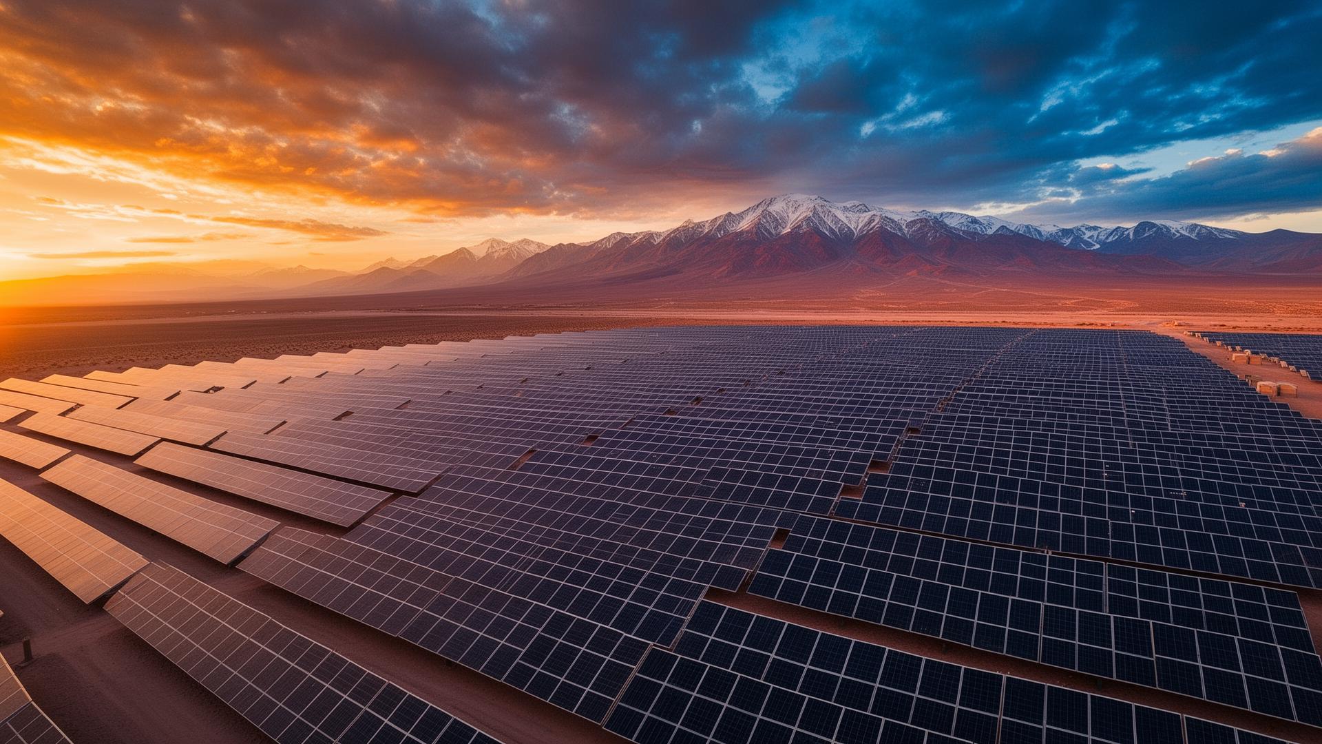 Planta solar en el desierto chileno al atardecer